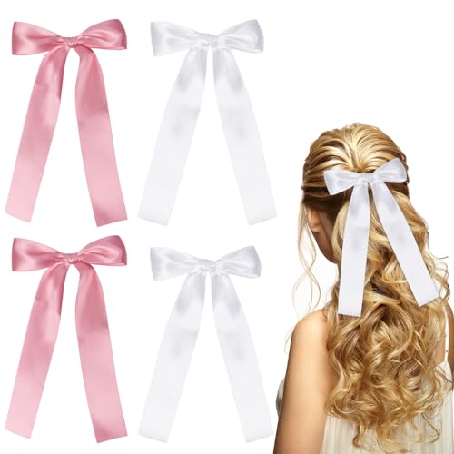 4 Stück Schleife Haarspangen Satin Haarschleifen für Damen Mädchen Haarklammer mit langen Schwanz Haarschmuck für Mädchen Frauen(Weiß, Rosa) von Nwvuop