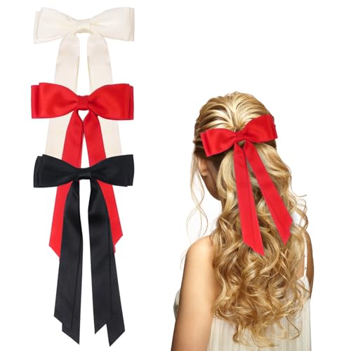 Haarschleifen, Haarspangen mit langem Schwanz, schwarze Haarschleifen für Damen und Mädchen (Schwarz, Beige, Rot), 3 Stück von Nwvuop