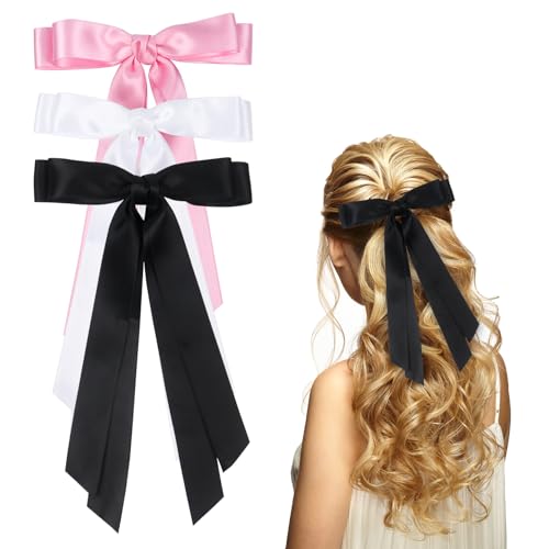 Haarschleifen für Damen, Satin-Haarschleifen, Zubehör, Metall-Clip, Schleife, Haarspangen für Mädchen, Schwarz, Weiß, Rosa, 3 Stück von Nwvuop