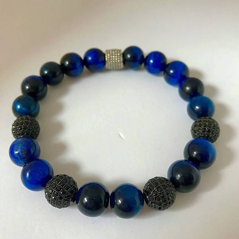 Herren Blau Tigerauge Und Black Diamond Perlenarmband, Chakra von Nxtlevelcollection