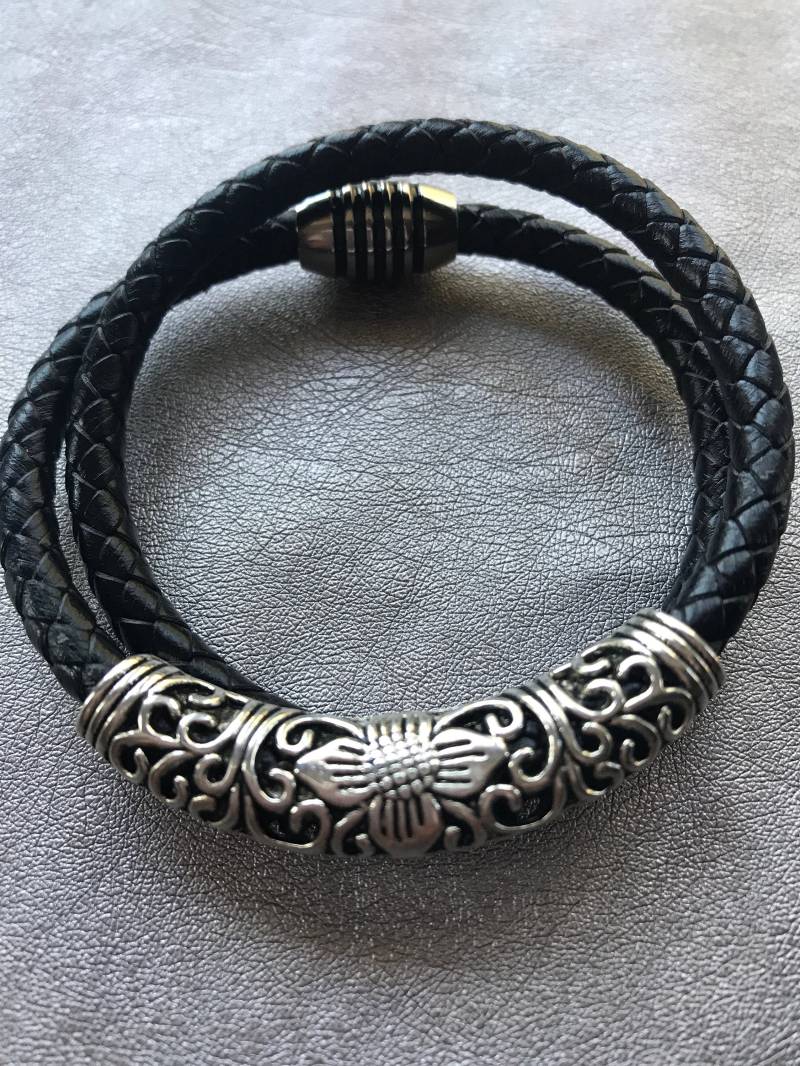 Herren Geflochtenes Leder Armband-Doppel-strang Silber Lederarmband von Nxtlevelcollection