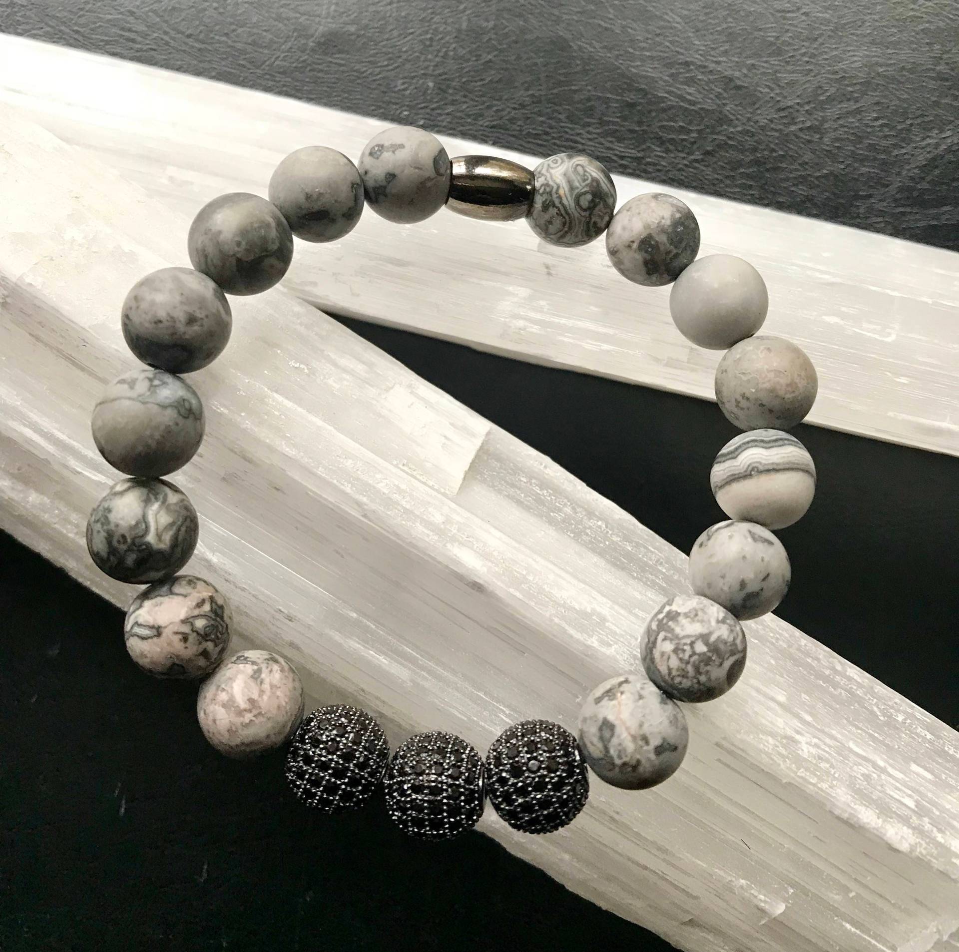 Men Es Matte Grey Leopard Skin Jasper Bracelet/Men " S Accessory/Mens Fashion/stretch Armbänder von Nxtlevelcollection