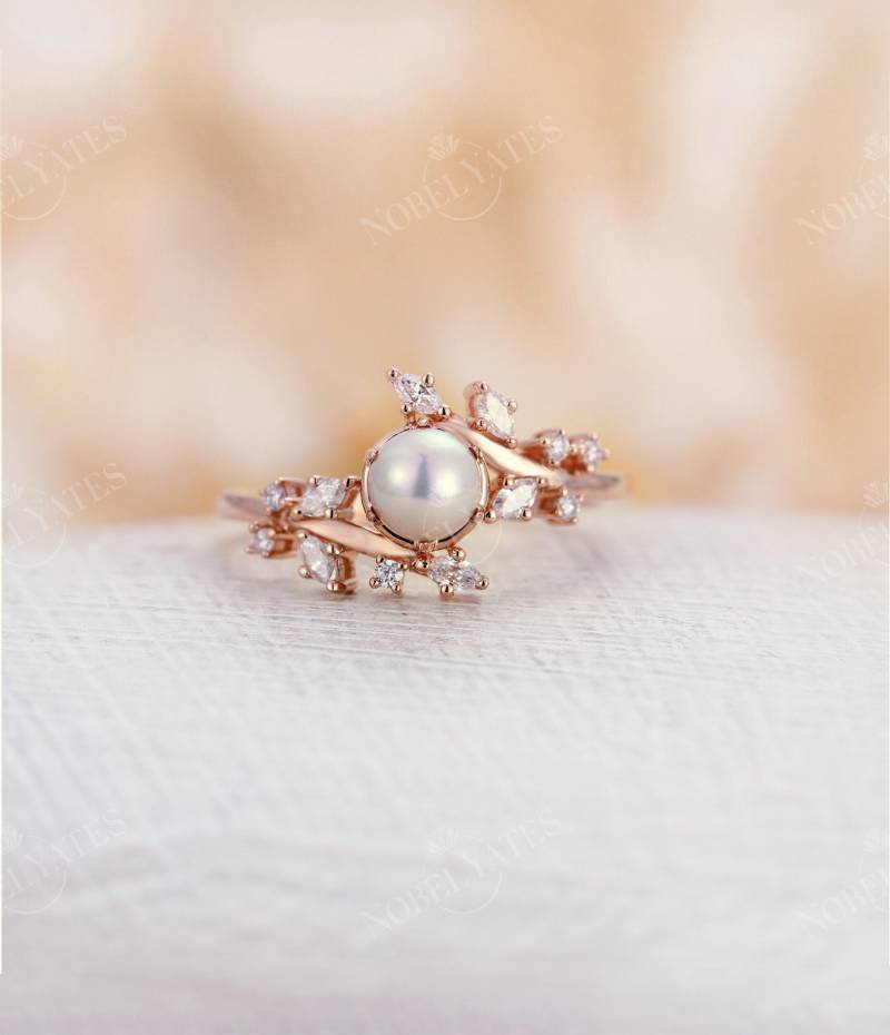 Akoya Perle Verlobungsring Jahrgang Diamant Cluster Ring Einzigartige Blatt Ehering Marquise Geschnitten Antike Braut Jahrestag Versprechen von NyFineJewelry