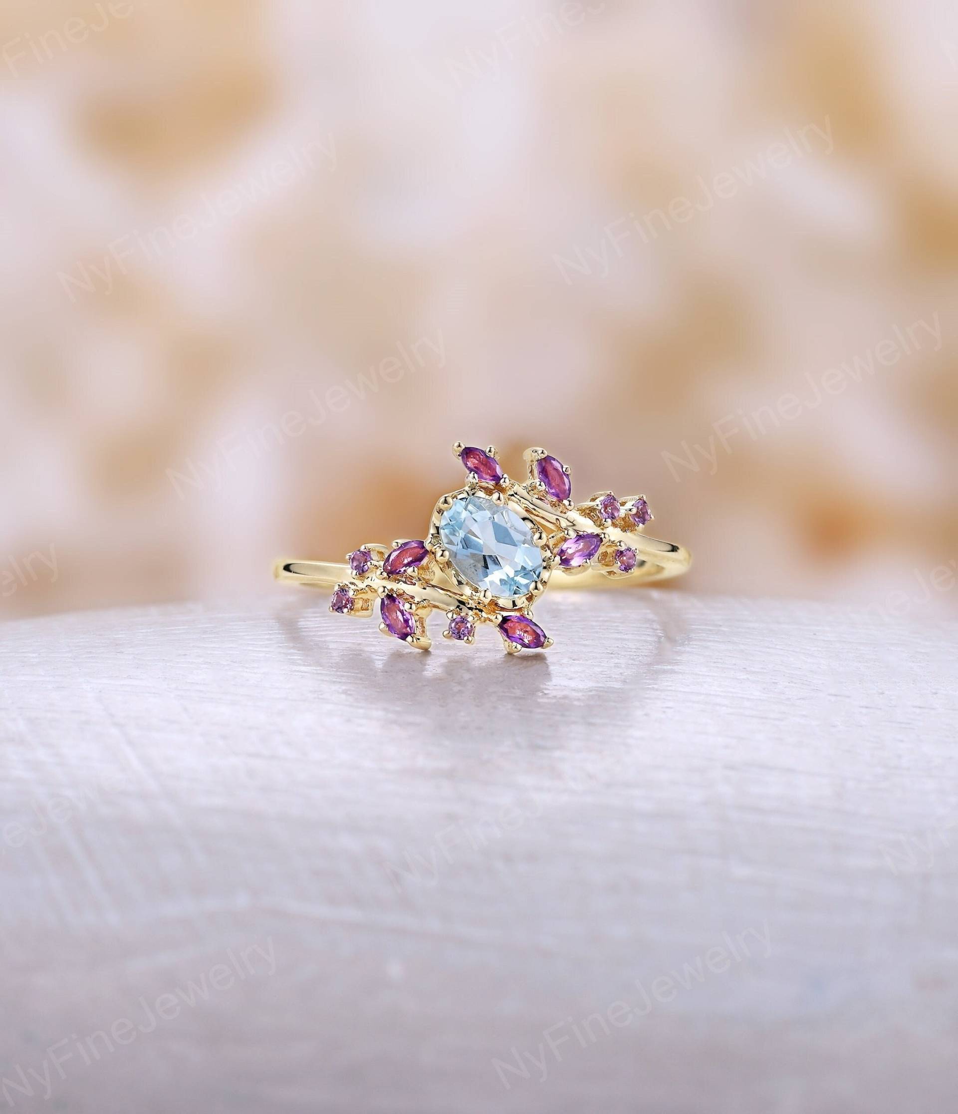 Art Deco Oval Cut Aquamarin Verlobungsring, Natürliche Zweig Design Amethyst Ring, Zierliche Gelbgold Benutzerdefinierte Edelsteine Versprechen Ring Art Deco Oval Cut Aquamarin Verlobungsring, Natürliche Zweig Design Amethyst Ring, Zierliche Gelbgold Benutzerdefinierte Edelsteine Versprechen Ring von NyFineJewelry