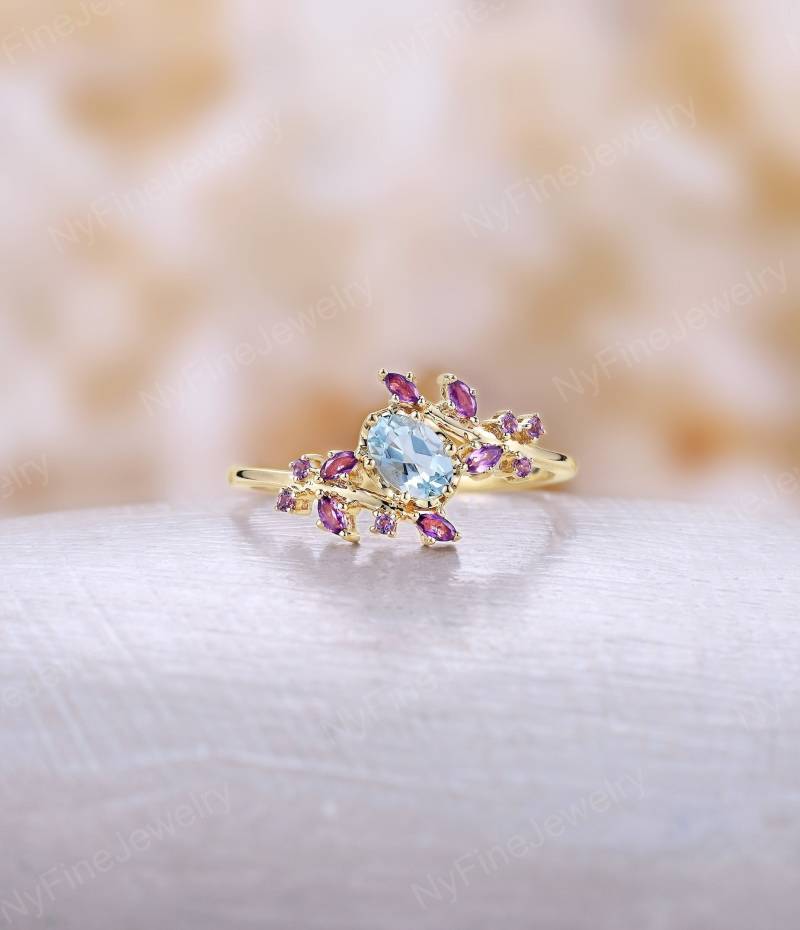Art Deco Oval Cut Aquamarin Verlobungsring, Natürliche Zweig Design Amethyst Ring, Zierliche Gelbgold Benutzerdefinierte Edelsteine Versprechen Ring von NyFineJewelry