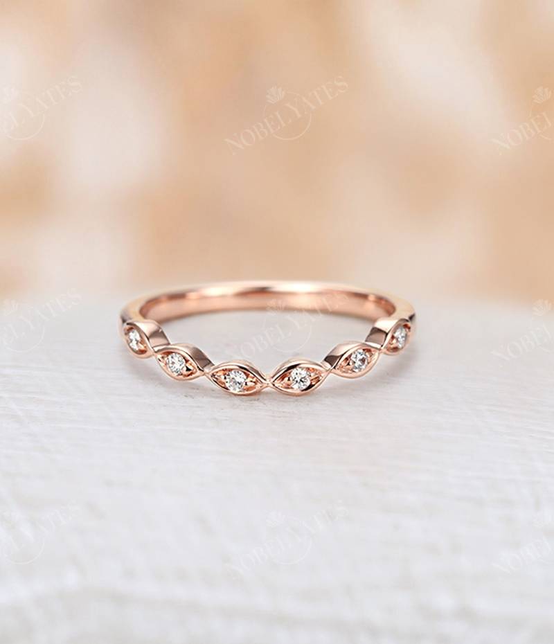 Art-Deco-Diamant Ehering Gebogenes Band Vintage Rosegold Halbe Ewigkeit Antiker Marquise Brautring Versprechen Stapeln Passendes von NyFineJewelry