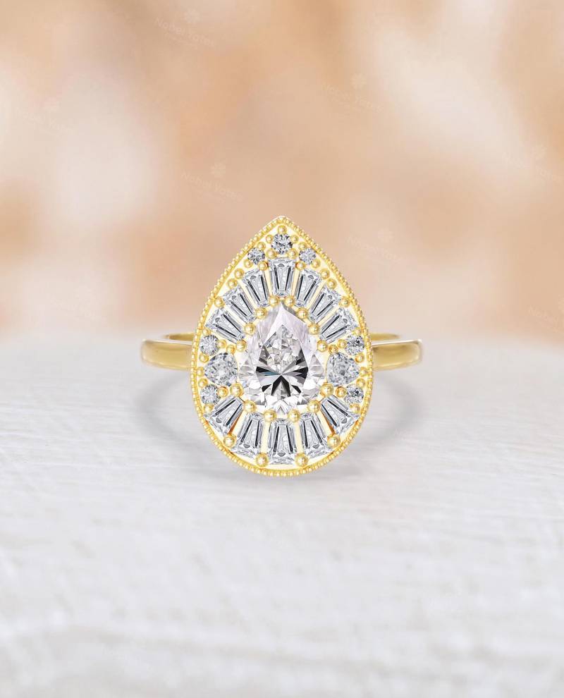 Art-Deco - Igi Lab Zuchtdiamant-Verlobungsring, Ehering Aus 14K Gold, Einzigartiger Baguette-Halo-Ring, Edelsteinring Für Frauen von NyFineJewelry