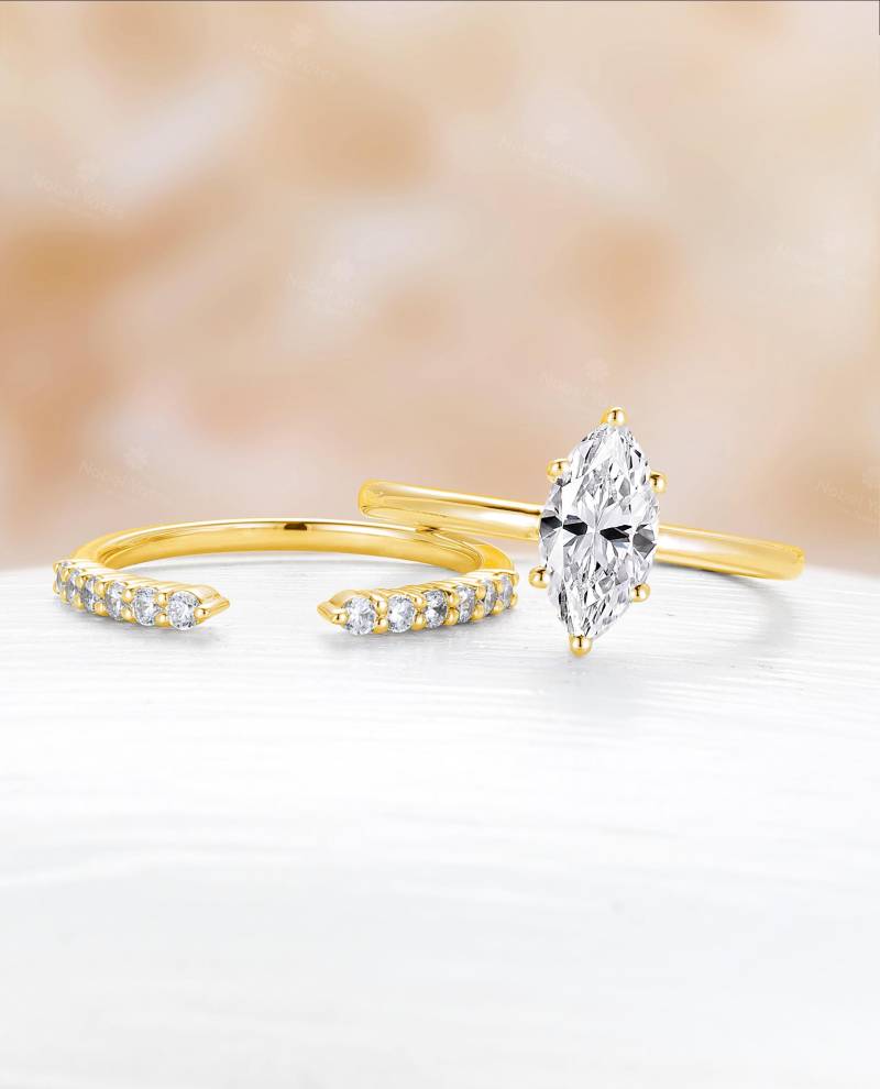 Art Deco Marquise Cut Lab Gewachsen Diamant Verlobungsring, Passender Offener Ehering, 14K Solid Gold Brautring Set, Benutzerdefinierter von NyFineJewelry