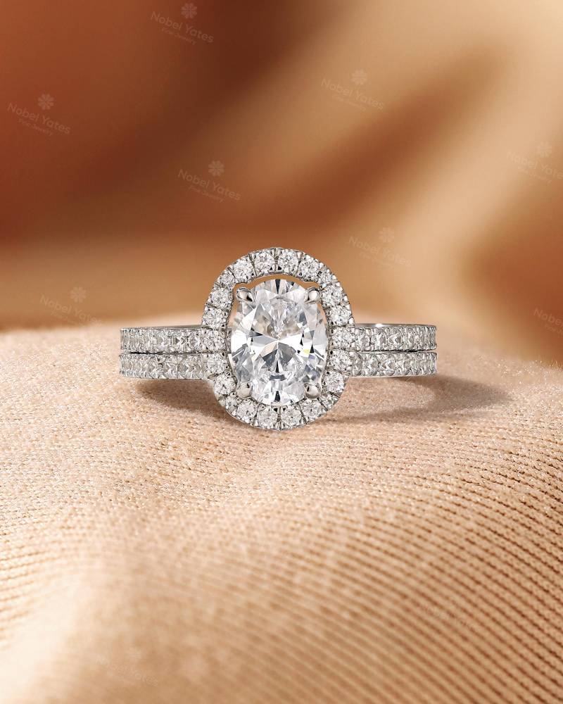 Art Deco Oval Moissanit Brautring Set, Handgemachtes 14K Weißgold, Offener Kreis Ehering Mit Heiligenschein, Pave Verlobungsring Für Frauen von NyFineJewelry