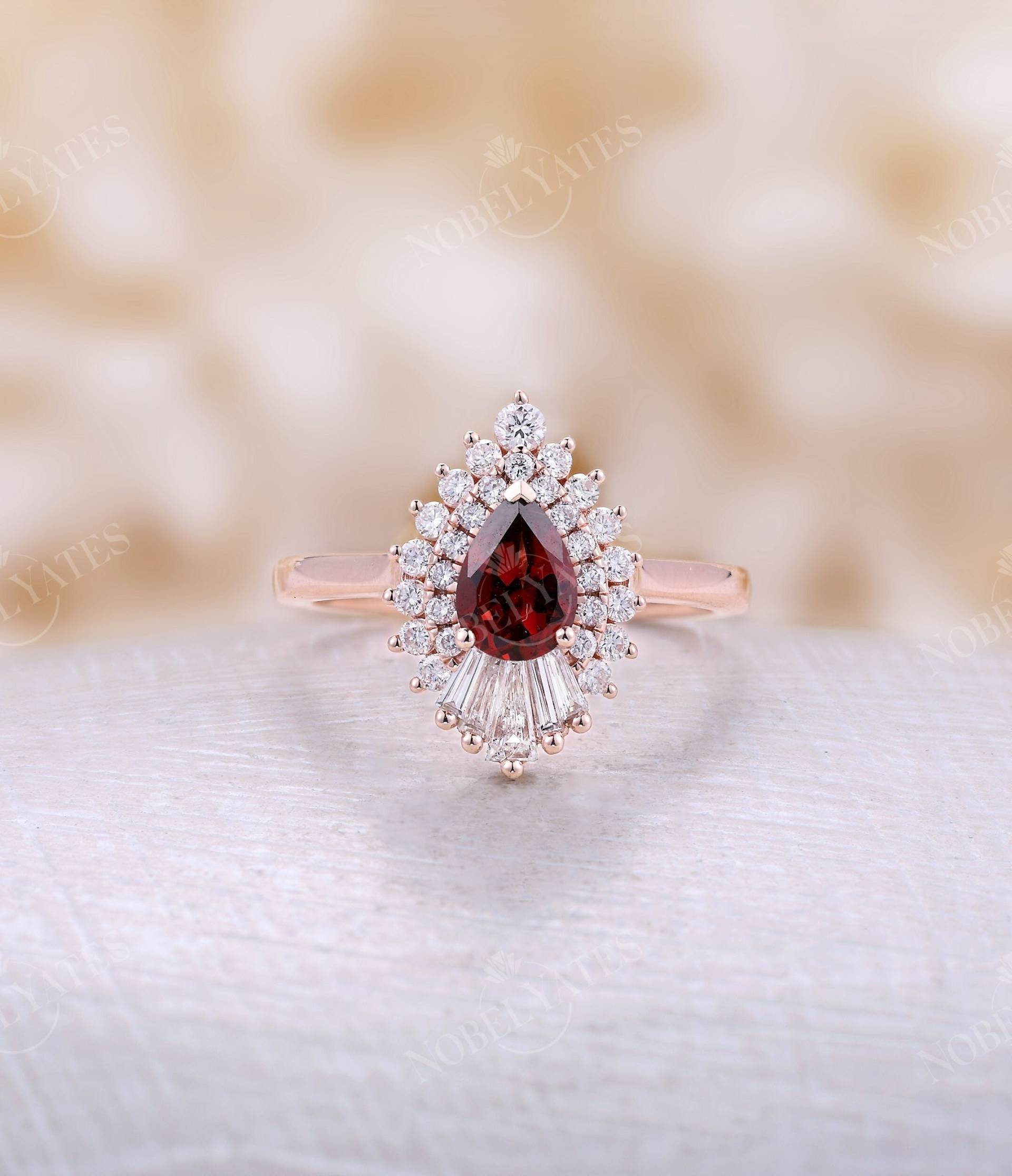 Birne Granat Verlobungsring Vintage Roségold Ehering Art Deco Baguette Diamant Heiligenschein Einzigartiger Gatsby Jahrestag Versprechen Ring von NyFineJewelry