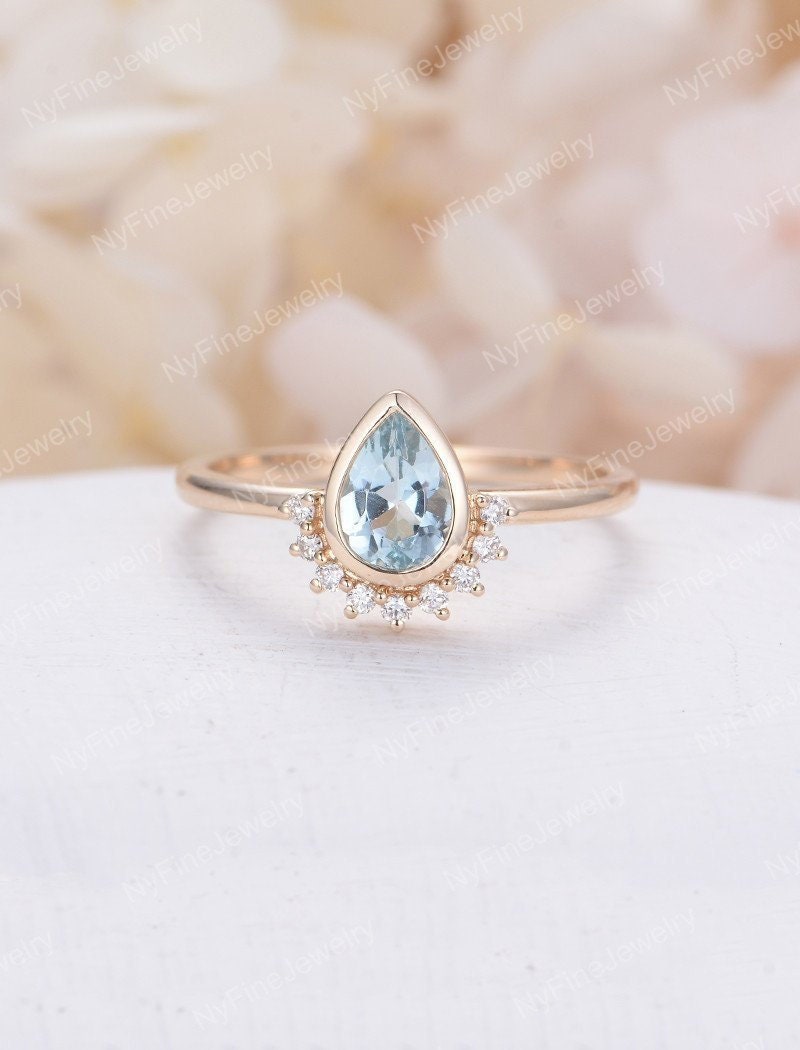 Birnenförmige Aquamarine Verlobungsring Gelbgold Einzigartige Diamant Hälfte Halo Hochzeit Vintage Lünette Gesetzt Antiker Braut Jahrestag Ring von NyFineJewelry