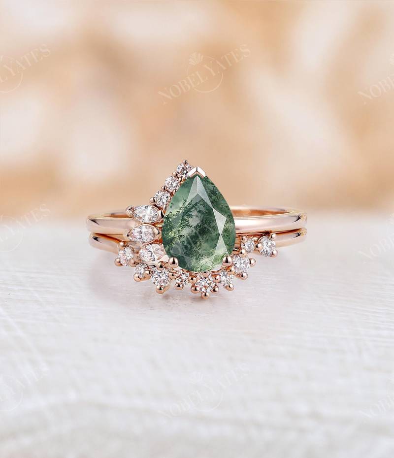 Birnenschliff Moosachat Verlobungsring Set Art-Deco-Braut-Set Antike Diamant-Cluster Halben Halo-Ring Gebogen Ehering Jahrestag Versprechen von NyFineJewelry
