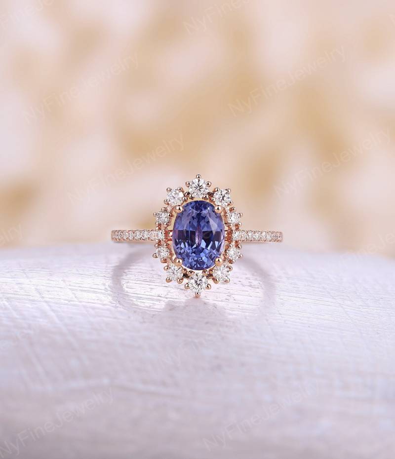 Kornblumen Saphir Verlobungsring Vintage Roségold Ovale Brautring Diamant Heiligenschein Gepflastert Halbe Ewigkeit Ehering Jubiläumsring von NyFineJewelry