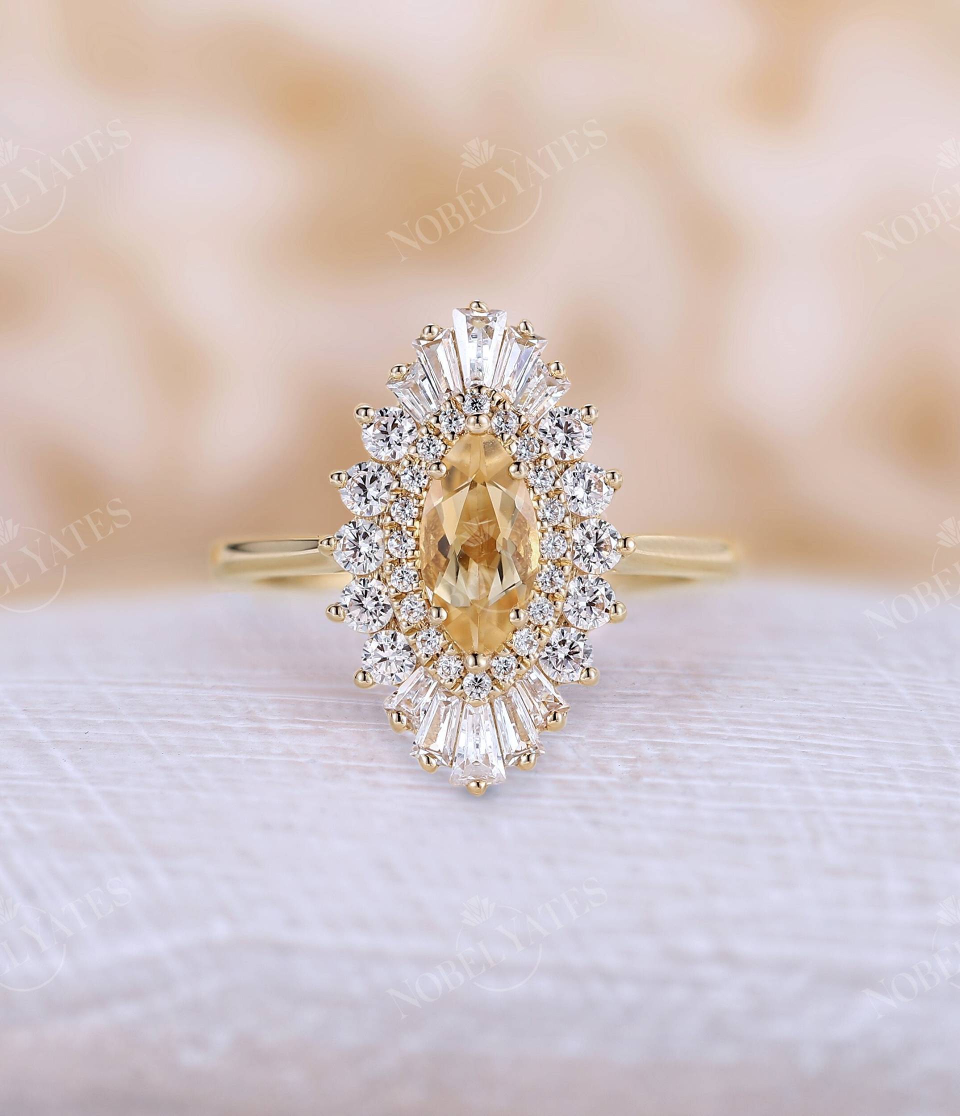 Marquise Citrin Verlobungsring Gelbgold Art Deco Gatsby Baguette Diamant Halo Brautring Vintage Versprechen Hochzeitsjubiläum Ring von NyFineJewelry