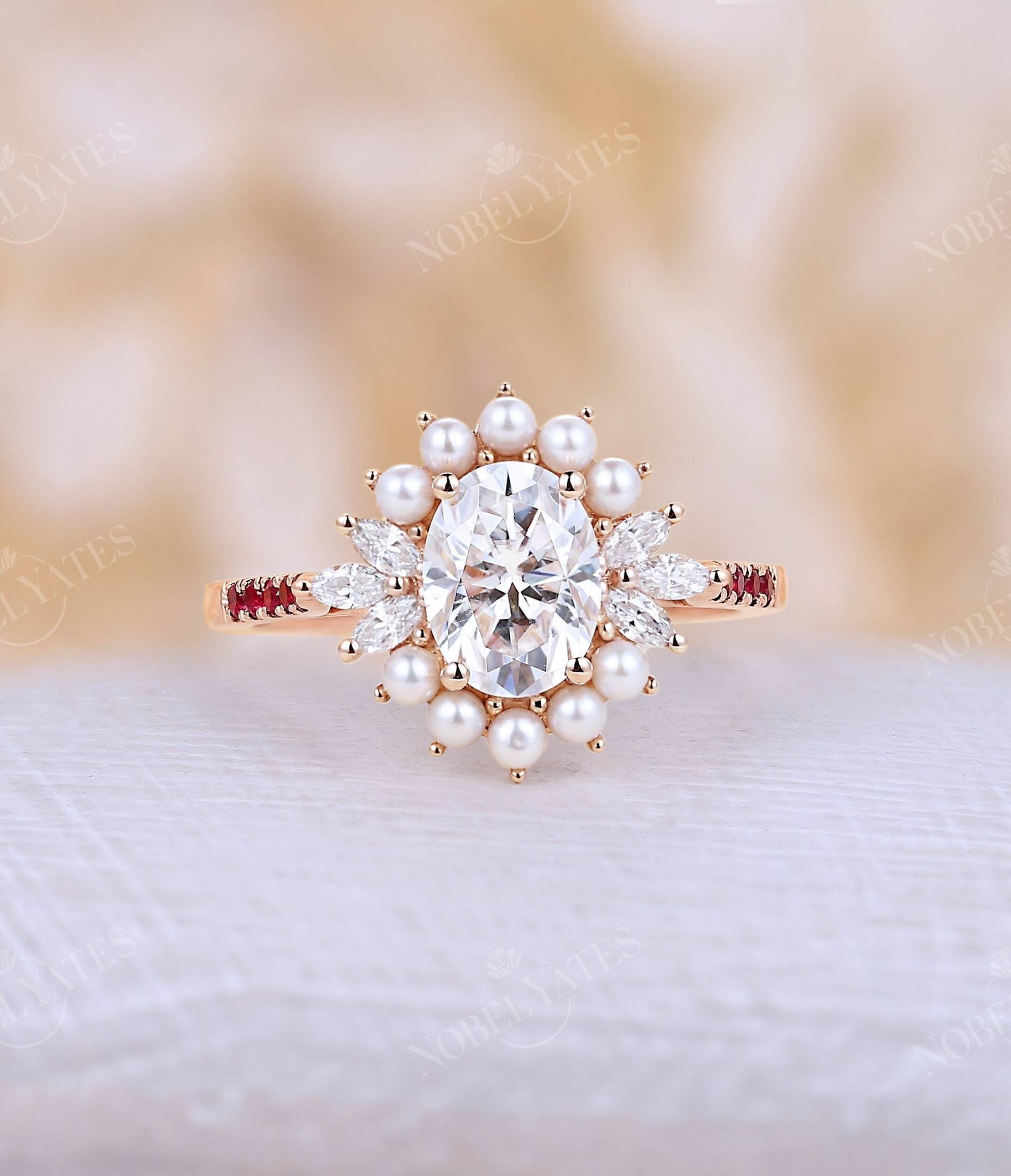 Moissanite Verlobungsring Perle Diamant Halo Ring Prong Natürliche Rubin Halbe Ewigkeit Art-Deco-Ring Jubiläumsring Versprechensring von NyFineJewelry