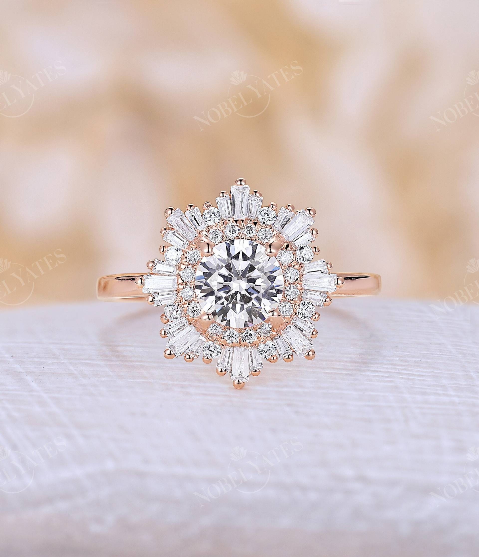 Moissanite Verlobungsring Rundschliff Diamant Halo Ring Roségold Art Deco Baguette Cz Vintage Versprechen Jahrestag von NyFineJewelry