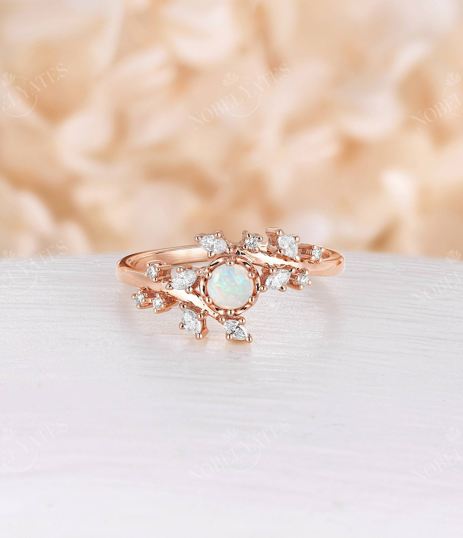 Opal Verlobungsring Jahrgang Rosegold Diamant-Cluster-Ring Einzigartiger Ring Blatt-stil Brautring Versprechen Jahrestag von NyFineJewelry