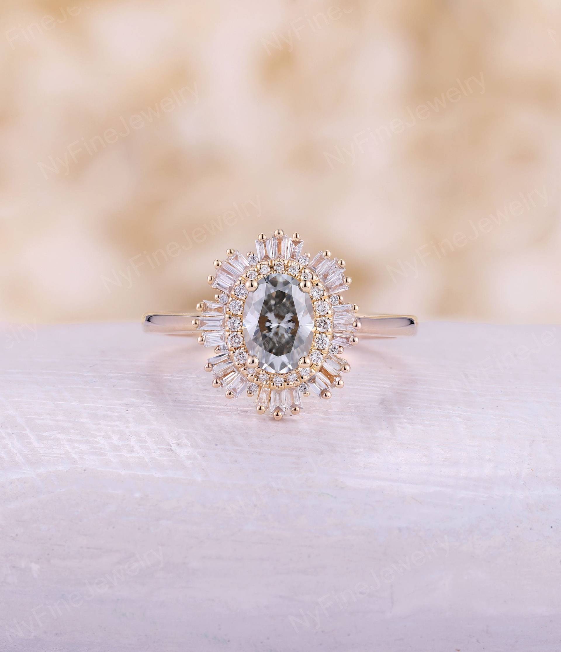 Oval Grau Moissanite Verlobungsring Antikes Roségold Band Diamant/Cz Doppel-Halo - Brautring Einzigartiges Hochzeitsversprechen Jahrestagsring von NyFineJewelry