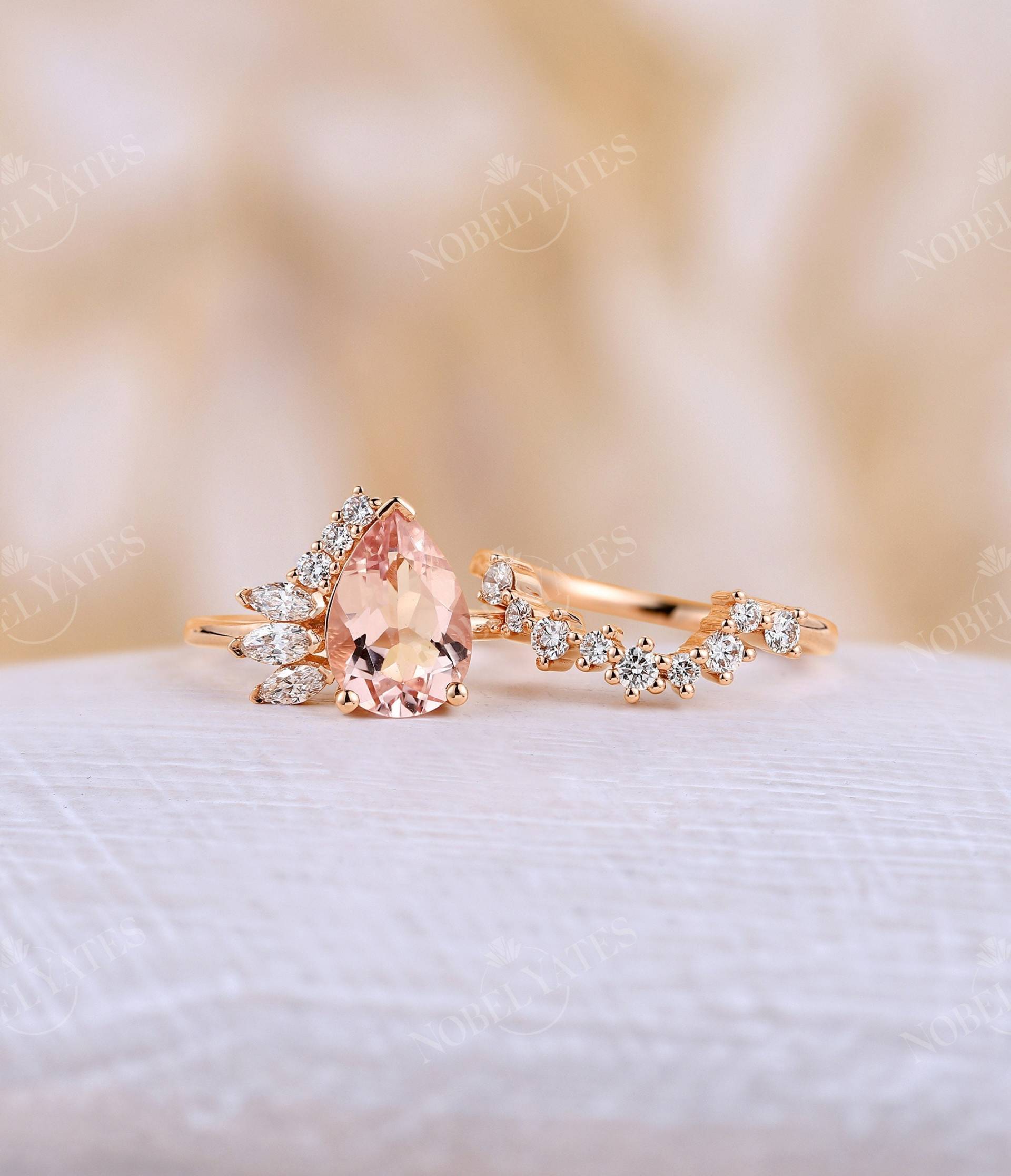 Pfirsich Rosa Morganit Verlobungsring Set Art-Deco-Rosengold Birnenförmig Brautring Antik Diamant Halo Hochzeit Gesetzt Jubiläum Versprechen Ring von NyFineJewelry