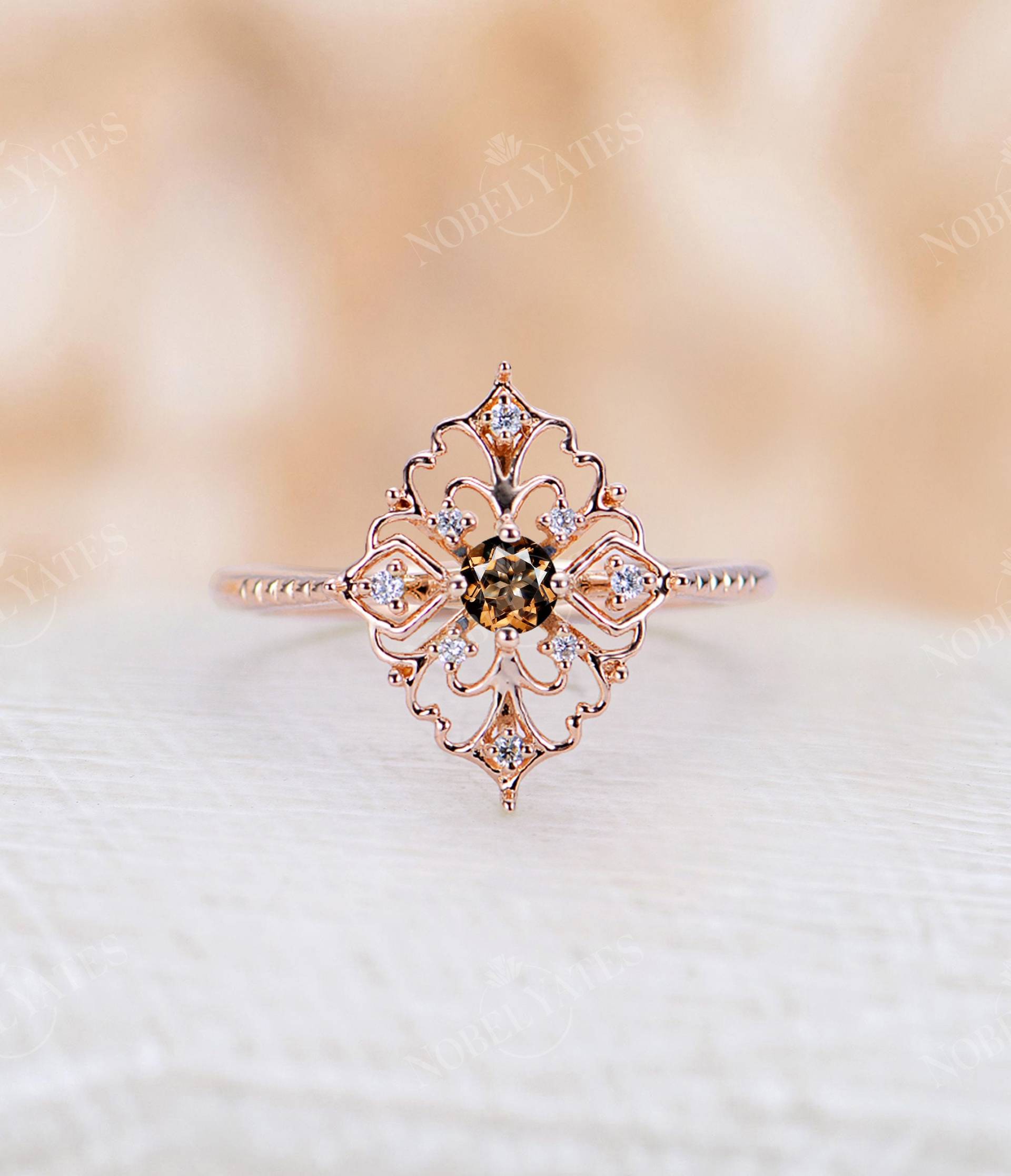 Rauchquarz Verlobungsring Art Deco Jahrgang Roségold Unikat Diamant Milgrain Zarten Jahrestag von NyFineJewelry