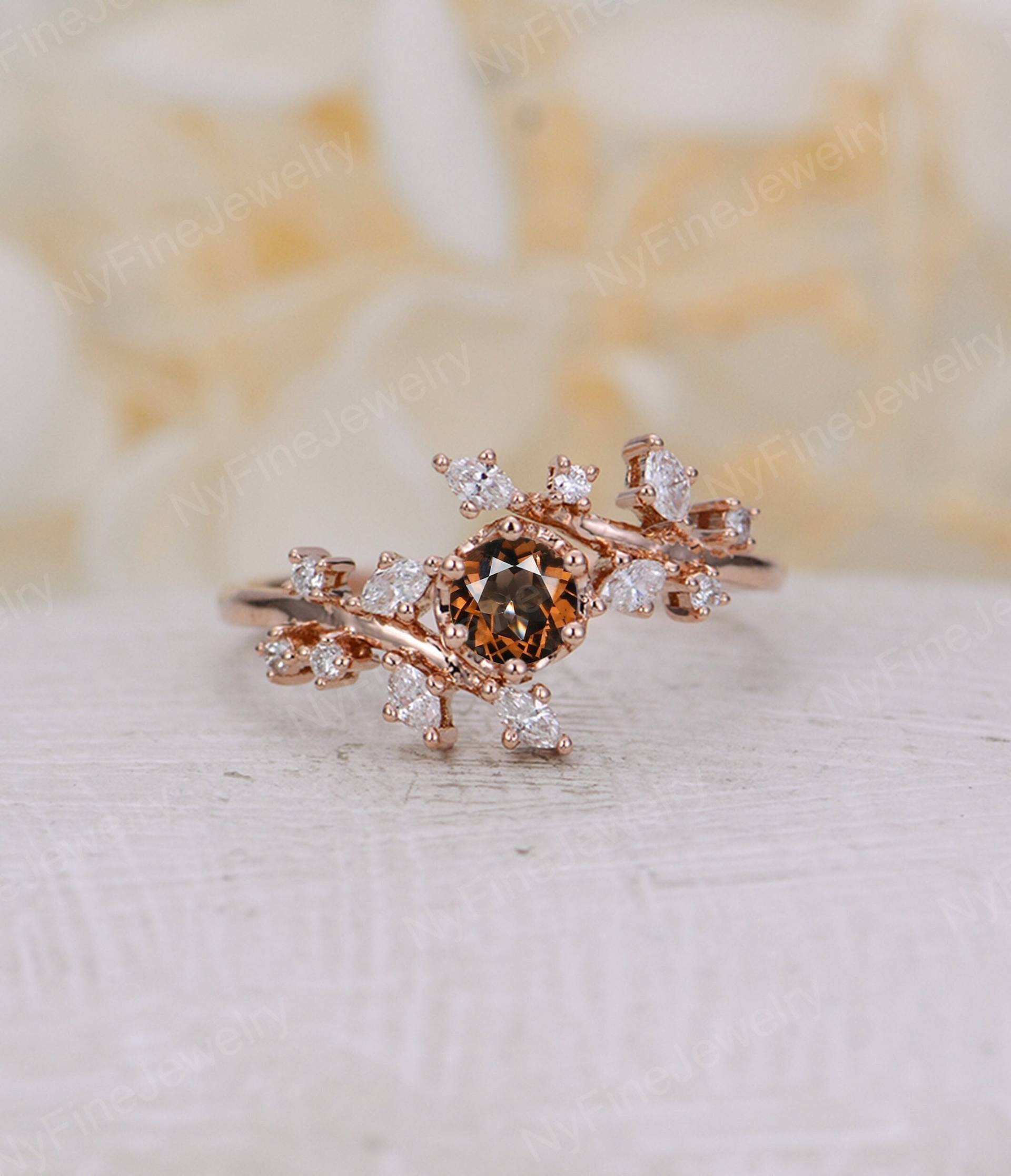 Rauchquarz Verlobungsring Blatt Design Rosegold Ring Marquise Diamant Traube Versprechen Trauung von NyFineJewelry