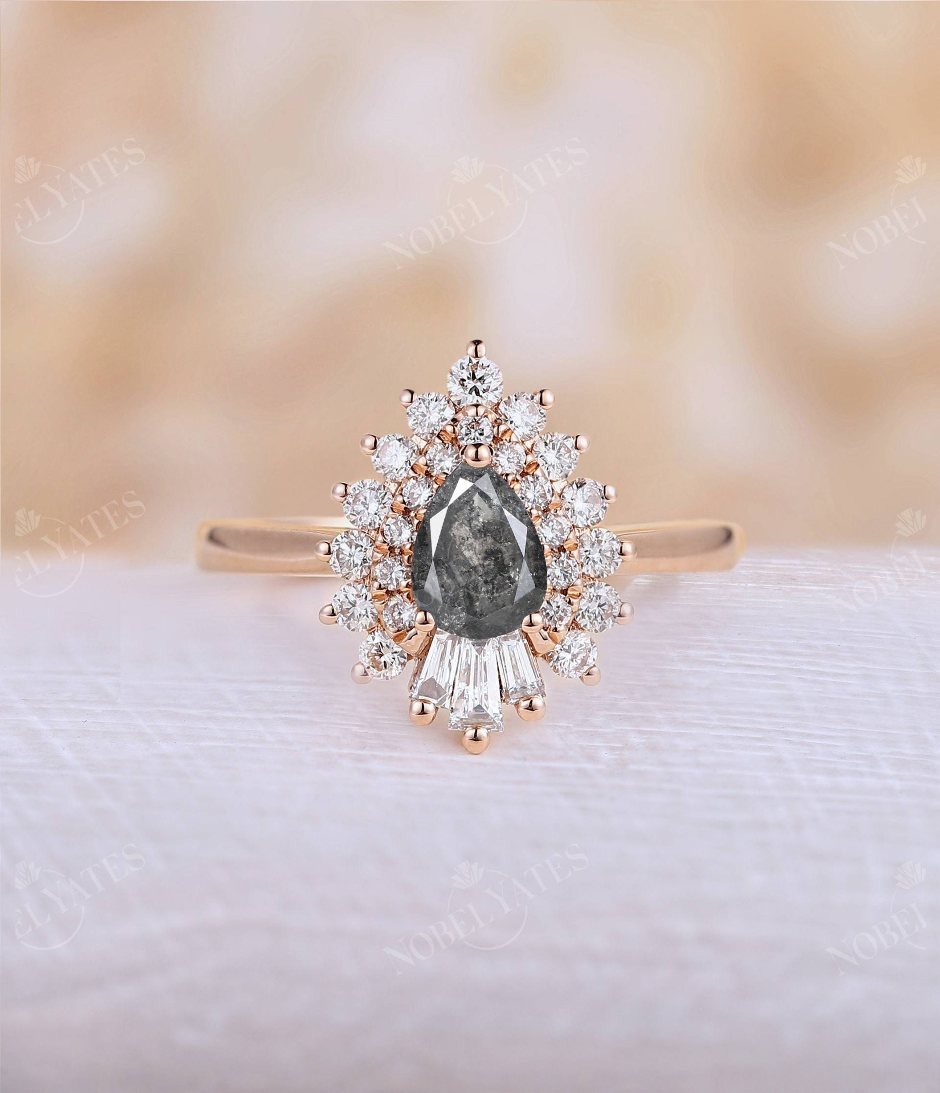 Salz Und Pfeffer Diamant Ring Birnenschliff Roségold Halo Cz Baguetteschliff Vintage Art Deco Versprechen Jubiläum von NyFineJewelry