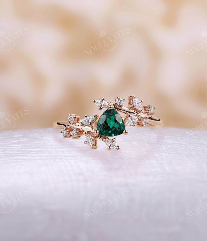 Trillion Geformte Lab Smaragd Verlobungsring Rosegold Vintage Diamant Gruppe Ehering Einzigartige Zarte Blatt Brautversprechen Jahrestag von NyFineJewelry