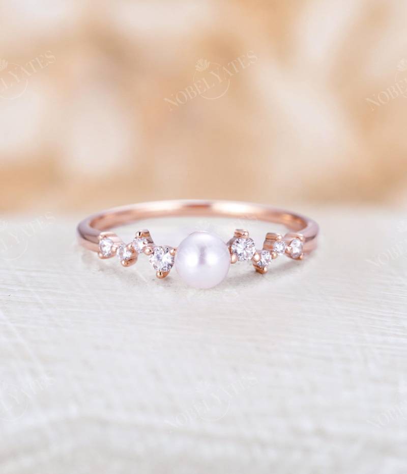 Vintage Akoya Perle Verlobungsring Rose Gold Zarte Ehering Einzigartige Diamant-Cluster-Brautring Versprechen Jahrestag Ring von NyFineJewelry