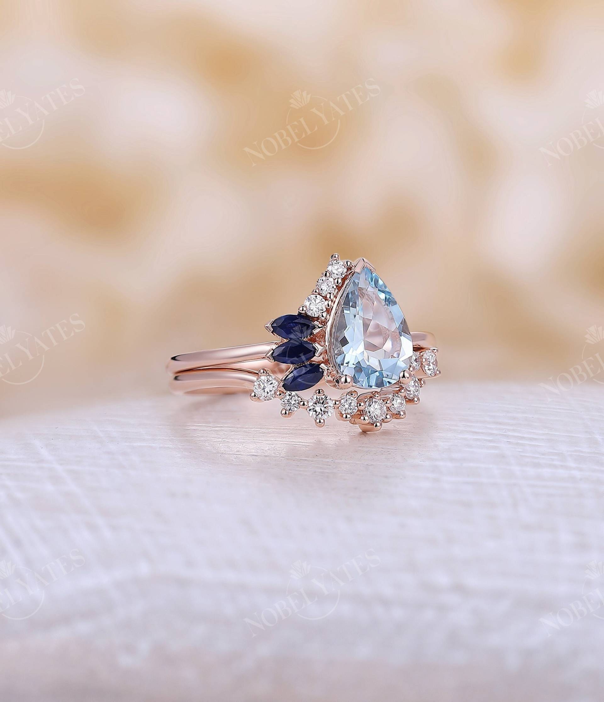 Vintage Aquamarin Ring Roségold Verlobungsring Birnenring Art Deco Saphir Halo Diamant Moissanit Geschwungener Ehering Brautring Brautschmuck von NyFineJewelry