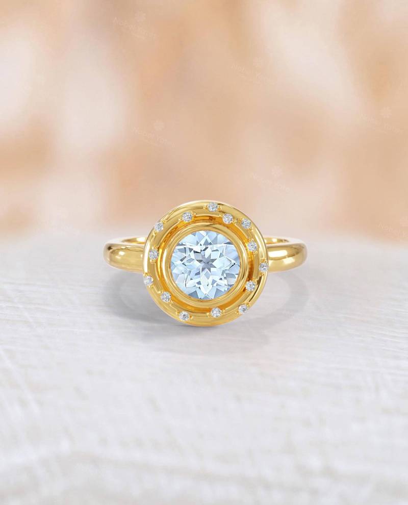 Vintage Aquamarin Verlobungsring | Unregelmäßiger Halo Ehering 14K Gelbgold Ring Geburtsstein Benutzerdefinierte Edelstein Geschenk Für Sie von NyFineJewelry