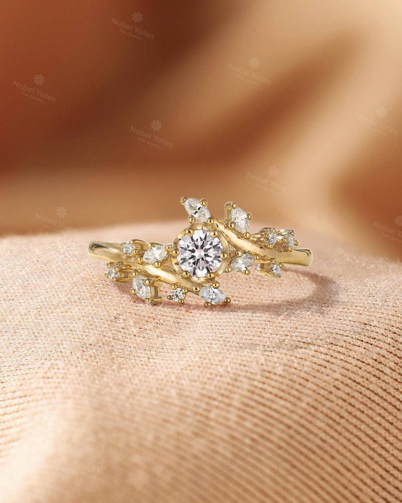 Natur Inspiriert Diamant Verlobungsring, Rose Gold Cluster Band, Einzigartige Blatt Ehering, Rundschliff Edelsteine Brautring, Kundenring von NyFineJewelry