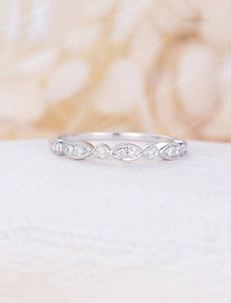 Vintage Labradorit Diamant Ehering, Halb Eternity Ring, Art Deco 18K Weißgold Stapelbarer Passender Versprechen Ring von NyFineJewelry