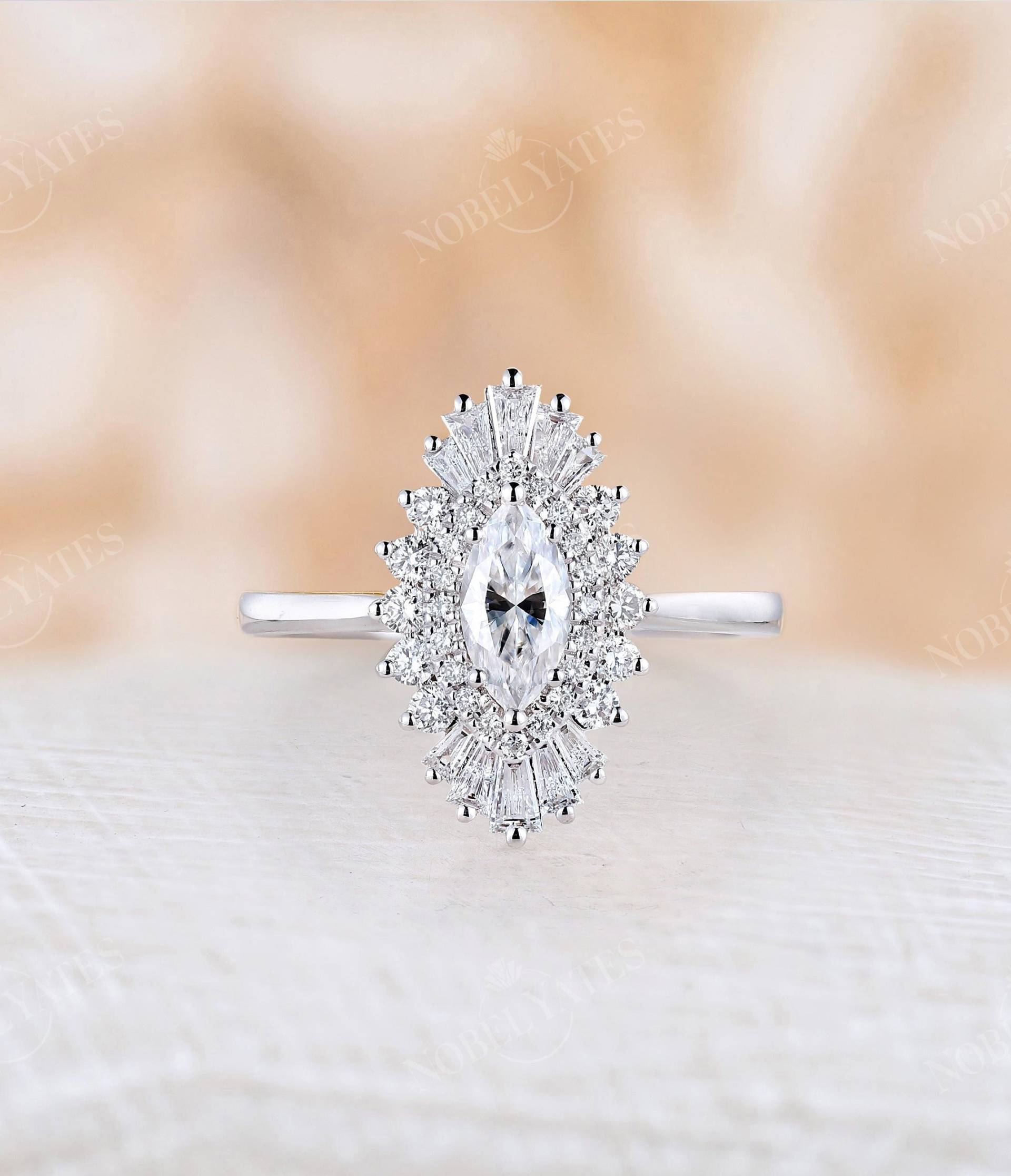 Vintage Marquise Moissanit Verlobungsring Gelbgold Ring Gatsby Baguette Diamant Doppel Halo Cz Jubiläumsring Versprechen von NyFineJewelry