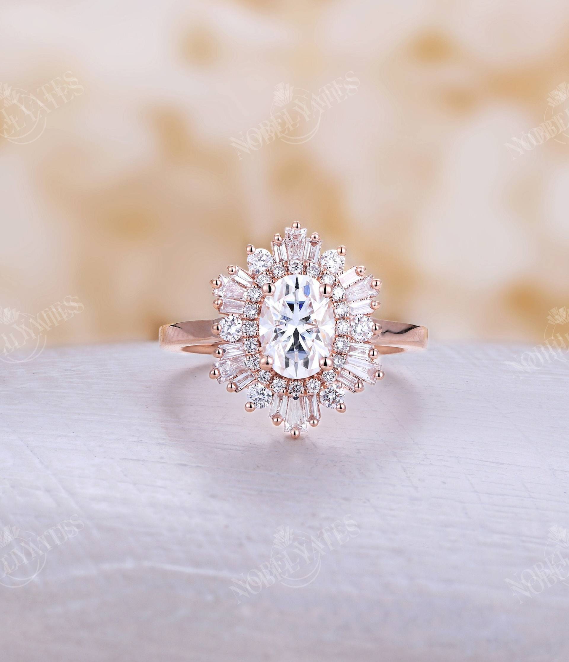 Vintage Moissanite Verlobungsring Roségold Oval Förmig Diamant/Cz Halo Ring Art Deco Baguette Gatsby Starburst Brautring Jahrestag von NyFineJewelry