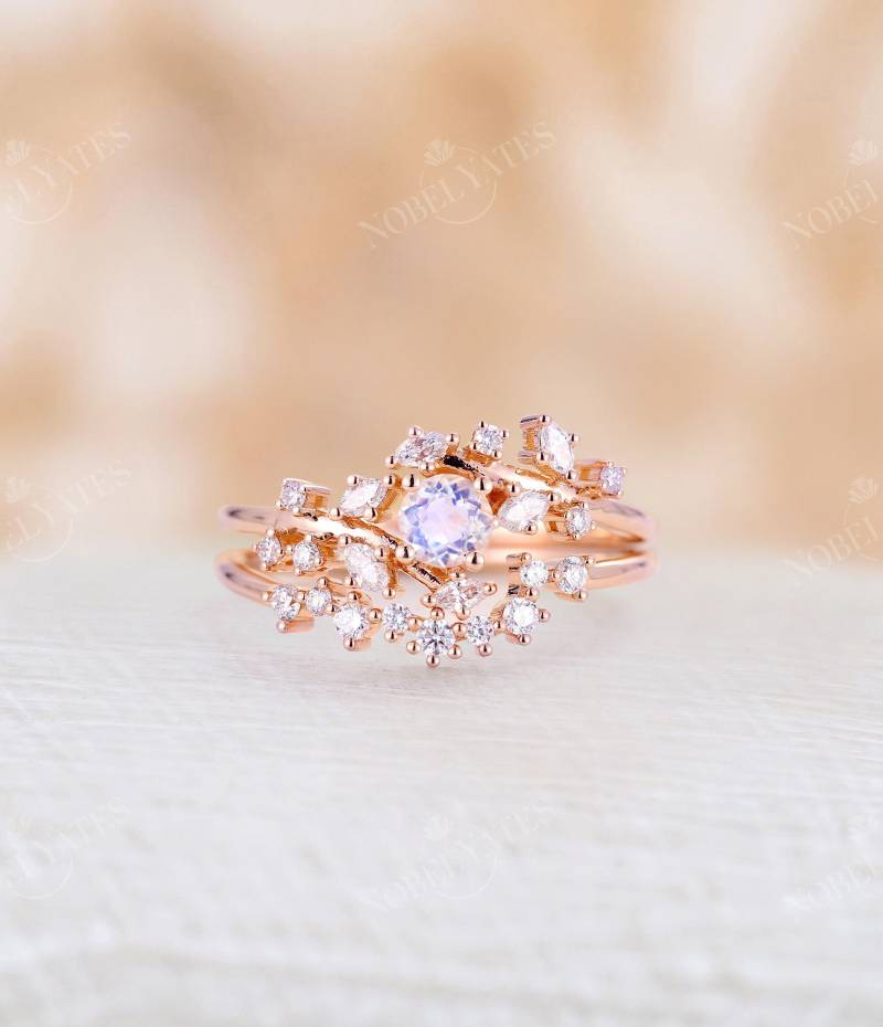Vintage Mondstein Ring Set Rosegold Diamant Ringset Einzigartige Blauer Blatt Design Hochzeit Braut Versprechen Jubiläum von NyFineJewelry