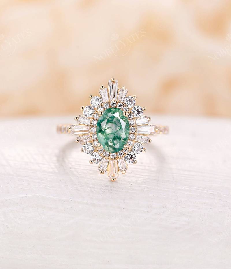 Vintage Moosachat-Verlobungsring, Ovale Form, Antiker Diamant-Doppel-Halo-Ring, Halbe Ewigkeit, Diamant-Pavé-Brautring, Jubiläumsversprechen von NyFineJewelry