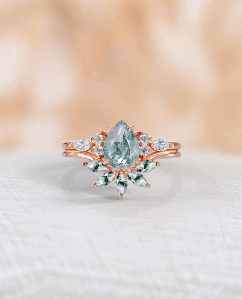 Vintage Moosachat Verlobungsring Set | 14K Rose Gold Brautring Cluster Ring Symbol Balance Gelassenheit Und Wellness Geschenk Für Sie von NyFineJewelry