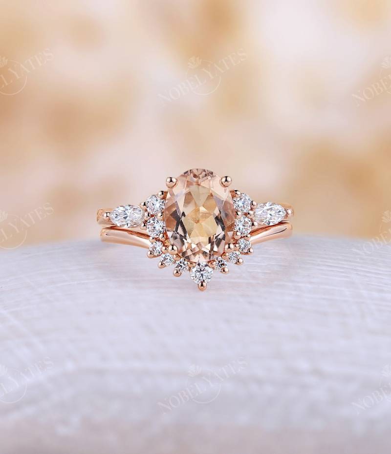Vintage Morganit Verlobungsring Set Orange Rosa Roségold Ring Krappenring Diamant Moissanit Cluster Gebogenes Ehering von NyFineJewelry