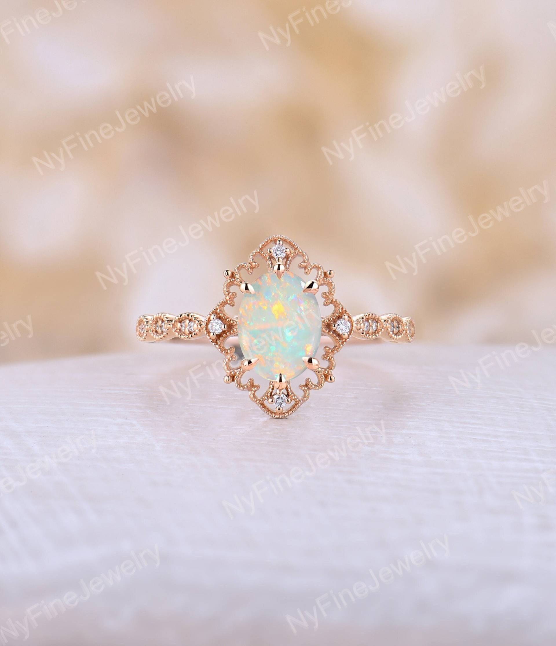 Vintage Natürliche Opal Verlobungsring Antike Rose Gold Oval Cut Ring Art Deco Diamant Milgrain Prong Ehering Jubiläumsring von NyFineJewelry