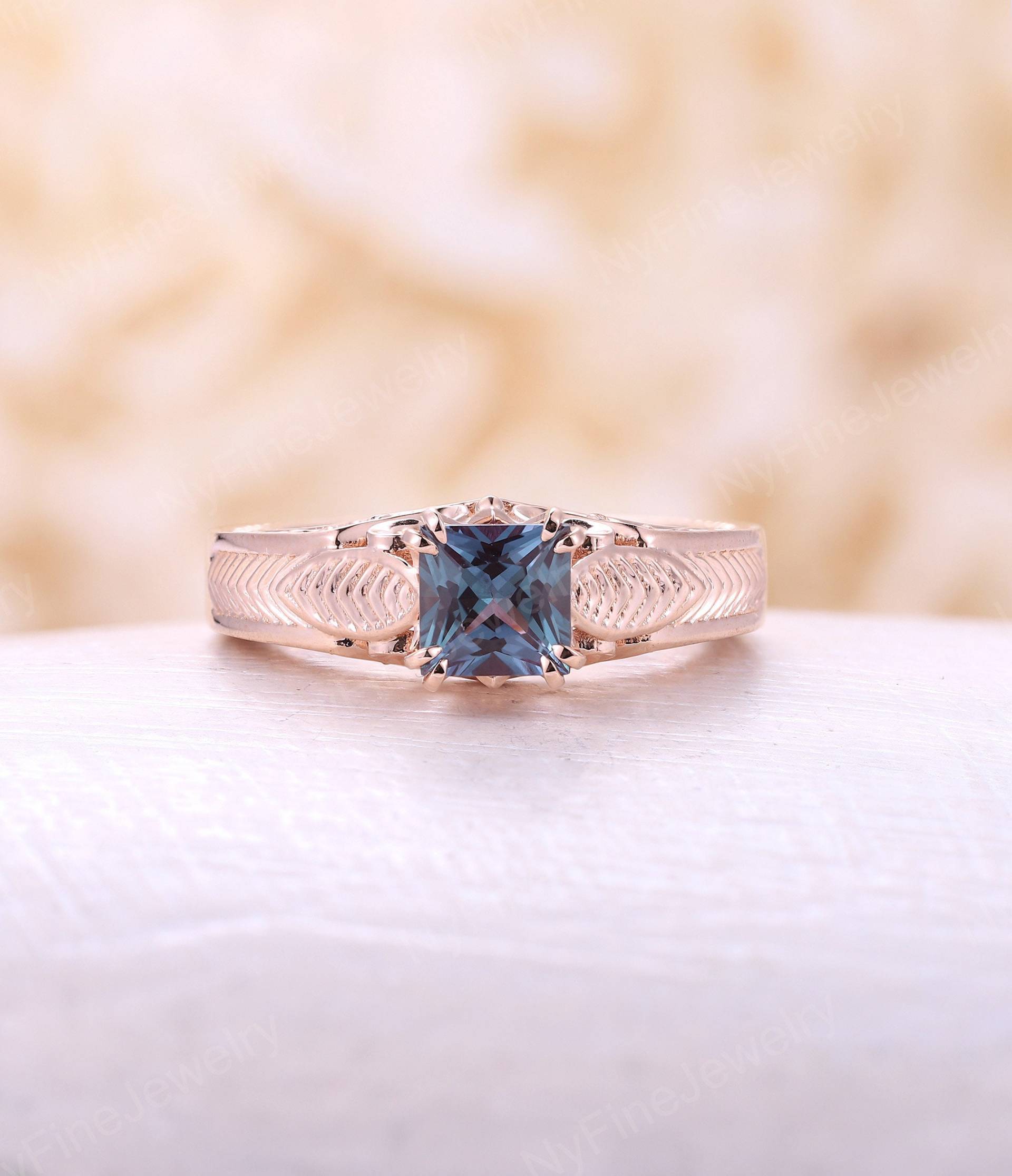 Vintage Princess Cut Labradorit Verlobungsring Art Deco Rosegold Band Antique Solitaire Ring Unikat Brautschmuck Jahrestag von NyFineJewelry