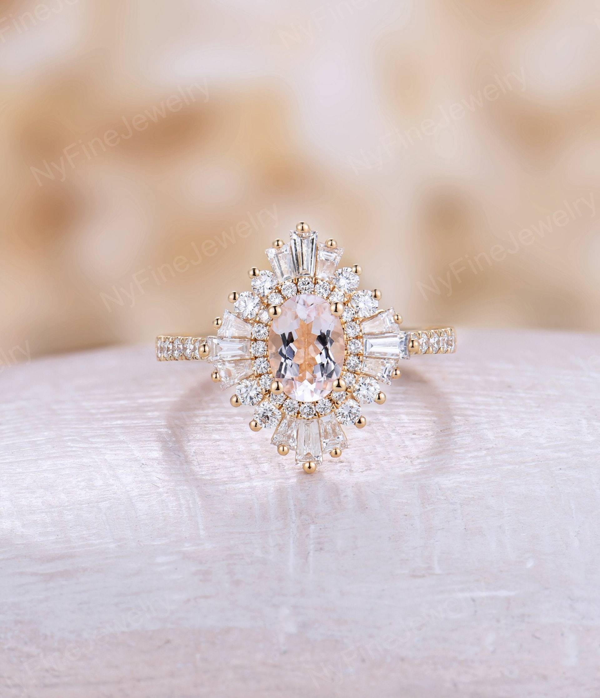 Vintage Rosa Morganit Verlobungsring Oval Form Antiker Diamant/Cz Doppelter Halo Ring Halbe Ewigkeit Gatsby Brautring Jubiläumsring von NyFineJewelry