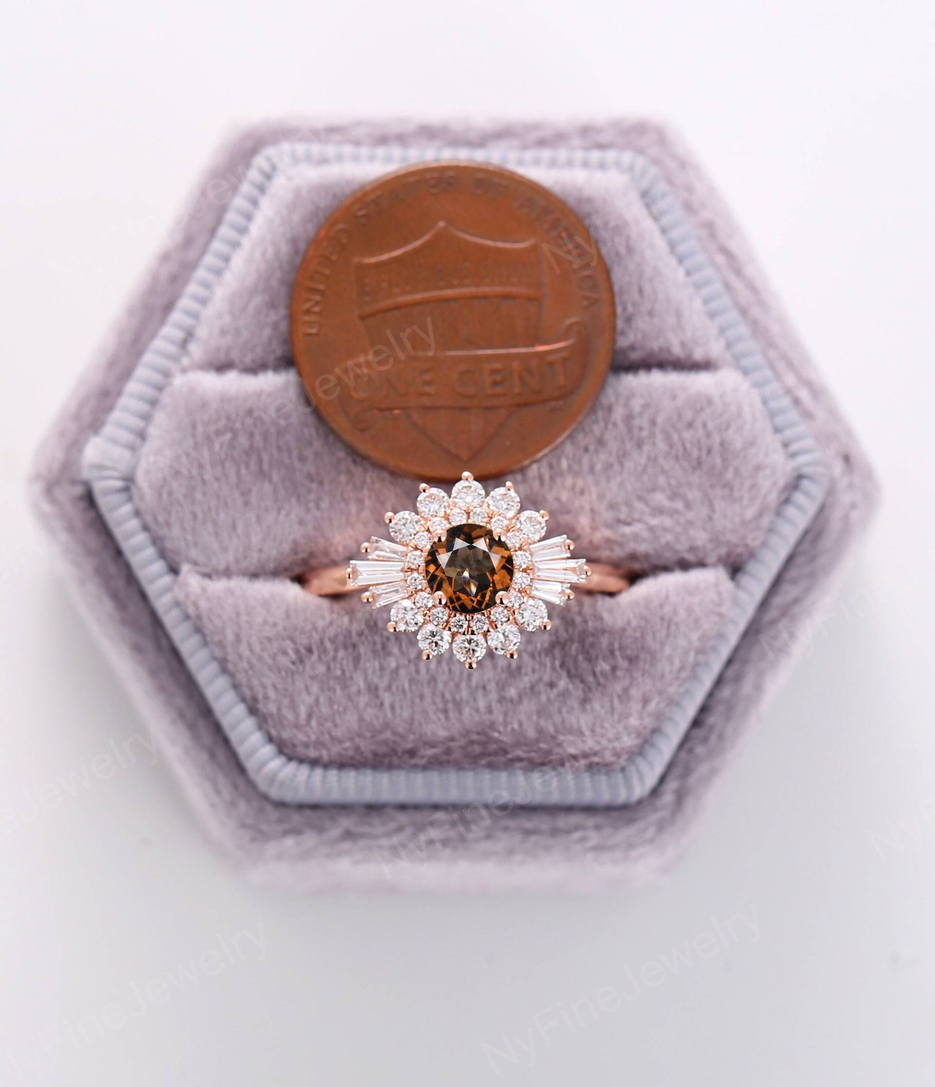 Vintage Runder Rauchquarz Verlobungsring Art-Deco-Roségold Baguette Diamant Cz Halo Ehering Unikat Jahrestag Versprechen Ring von NyFineJewelry