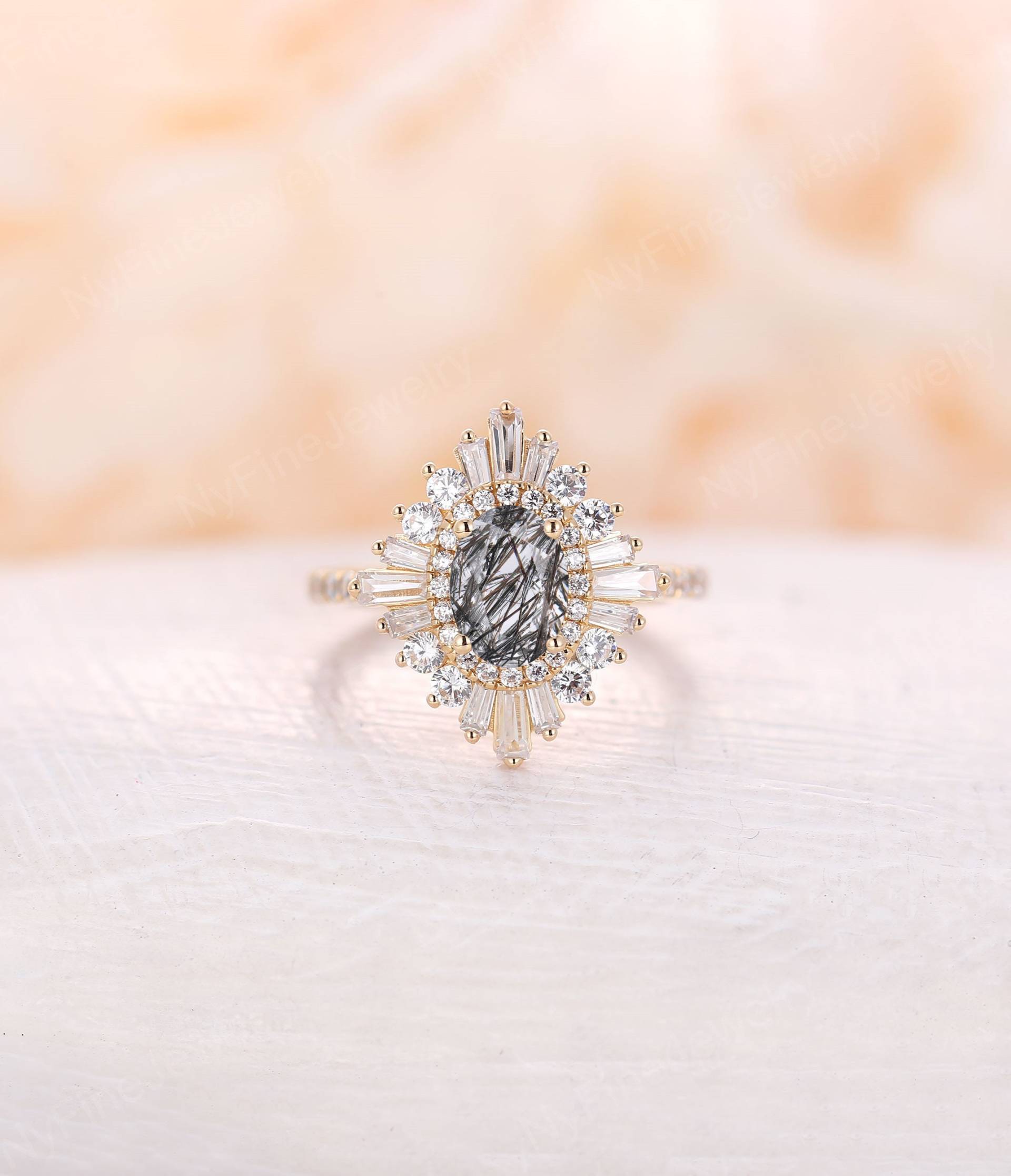 Vintage Schwarzer Rutilquarz Verlobungsring Gelbgold Diamant Halo Ring Baguette Halbe Ewigkeit Hochzeitstag von NyFineJewelry