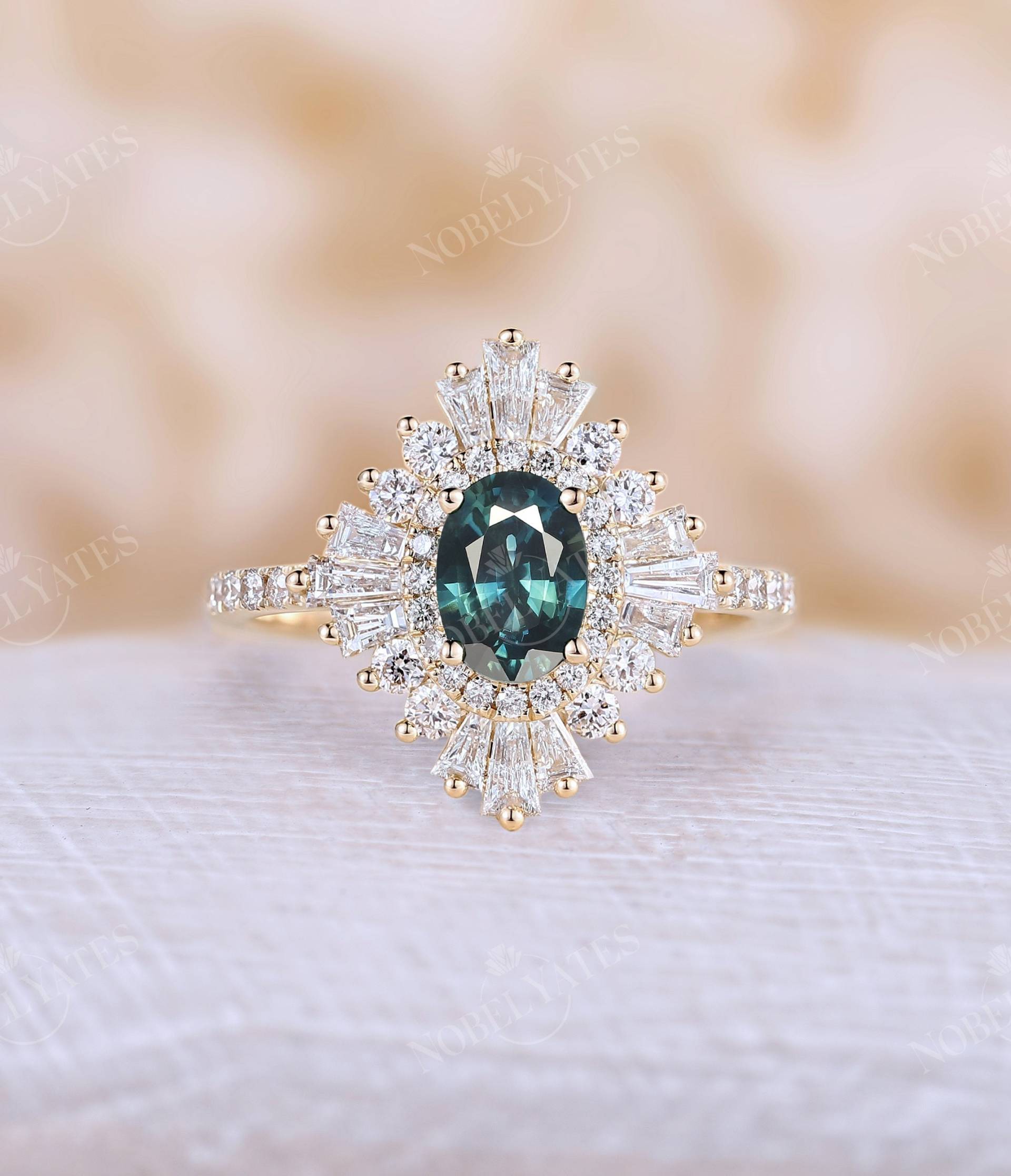 Vintage Teal Sapphire Verlobungsring Gelbgold Diamant Band Art-Deco Natürliche Pfau Gatsby Oval Ring Hochzeit Jahrestag von NyFineJewelry