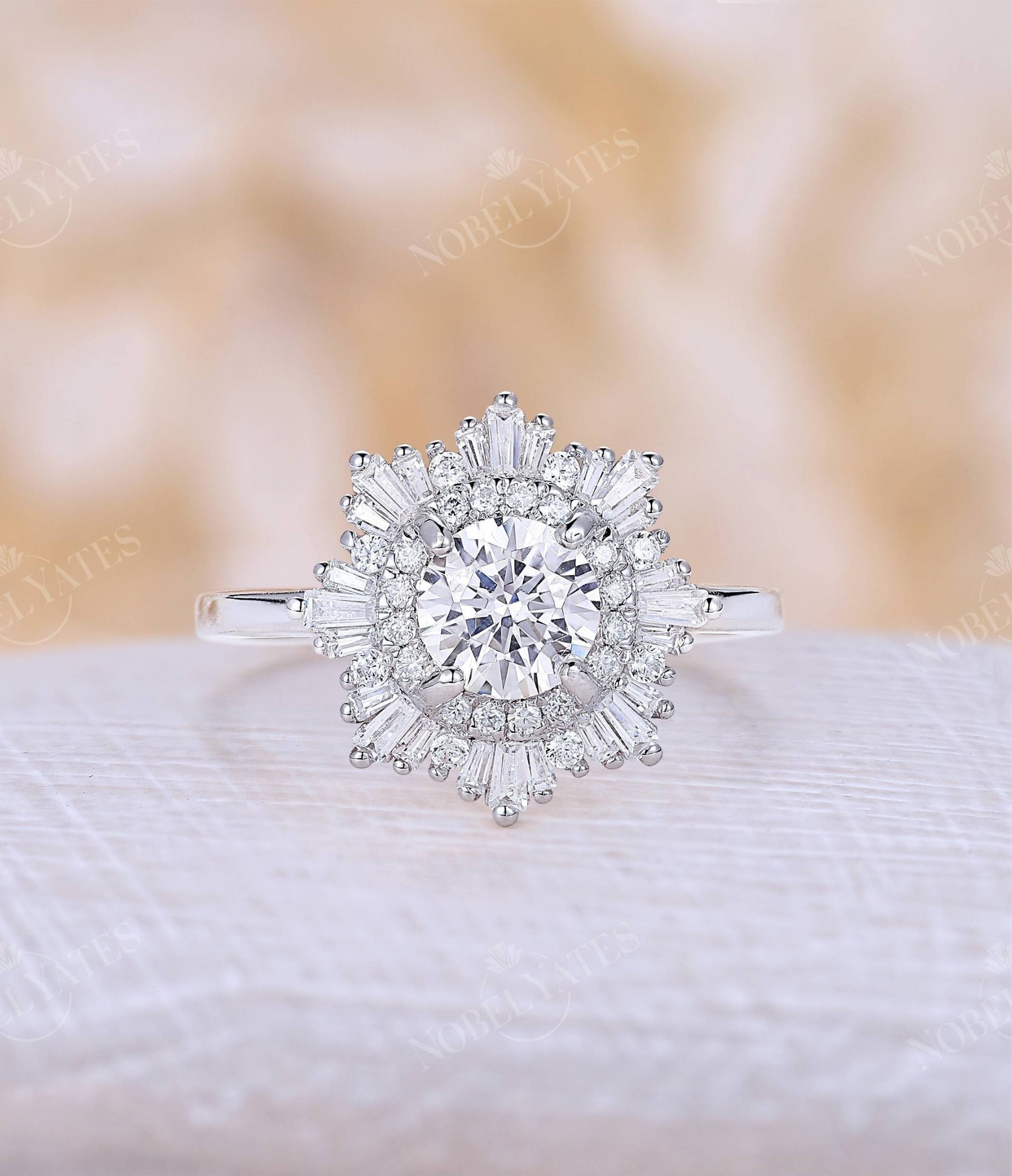 Weißgold Moissanite Verlobungsring Rundschliff Diamant Halo Ring Art Deco Baguette Cz Vintage Versprechen Jahrestag von NyFineJewelry