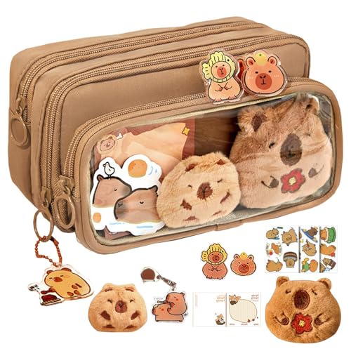 Nybhyjka Capybara-Bleistiftbeutel, Capybara-Bleistiftbox, Transparente Stifttasche mit 10 Fächern, Federmäppchen mit breiter Öffnung und niedlichen Nadeln aus Plüsch und niedlichem Briefpapier von Nybhyjka