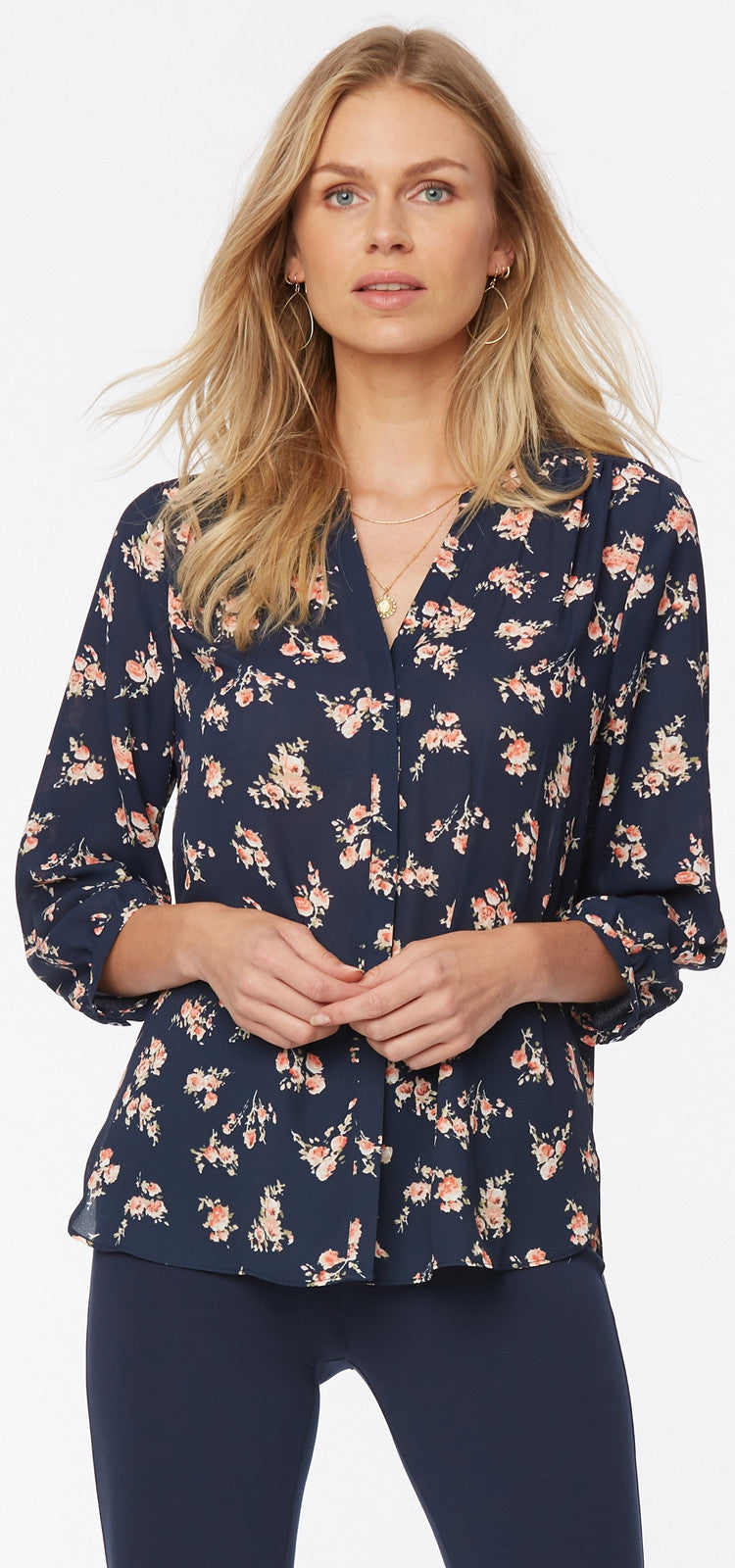 Pintuck Blouse Blau Blumendruck | Brenda Park von Nydj