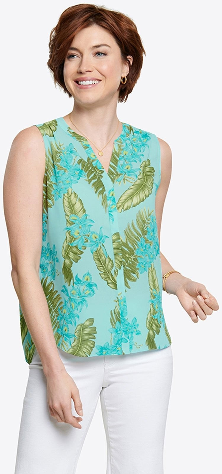 Sleeveless Pintuck Blouse Tropischem Print | Calypso Orchid Sleeveless Pintuck Blouse Tropischem Print | Calypso Orchid von Nydj