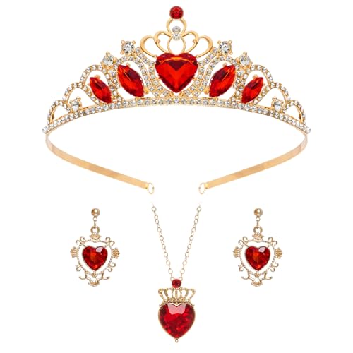 Nydotd 3-teiliges Diadem, rote Krone mit Herzen und Halskette, Ohrringen, goldenes Diadem, Schmuck-Set für Damen, Teenager, Halloween von Nydotd