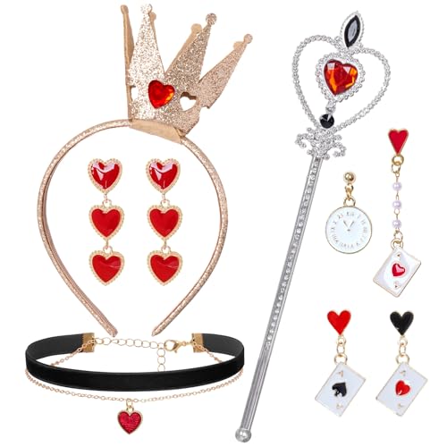 Nydotd 6 Stück Königin Kostüm Zubehör Halloween Rot Herz Krone Stirnband Herz Zauberstab Choker Halskette Ohrringe für Frauen Halloween Cosplay Party von Nydotd